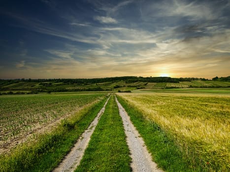 Agriculture Country Road, beautiful landscape with sky and clouds