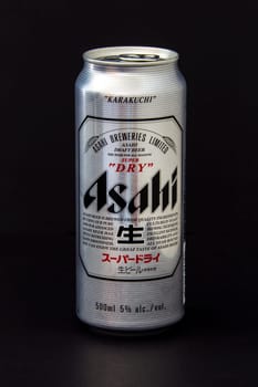 Calgary, Alberta, Canada. June 08, 2020. An isolated Stella Asahi Tallboy Beer Can on a black background.