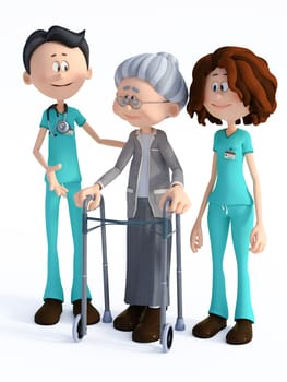 3D rendering of a young nurse and smiling friendly cartoon doctor wearing a stethoscope helping an elderly woman with walker. White background.