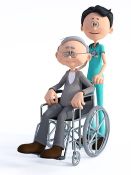 3D rendering of a young smiling friendly cartoon doctor wearing a stethoscope standing with an elderly man in wheelchair. White background.