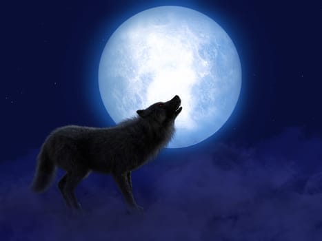 3D rendering of a black wolf or werewolf with glowing red eyes howling at the big moon. Stars in the night sky, fog on the ground.