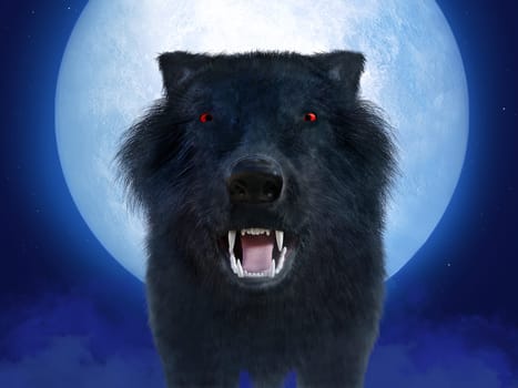 3D rendering of a black growling aggressive wolf or werewolf with glowing red eyes in front of a big moon. Stars in the night sky, fog on the ground.