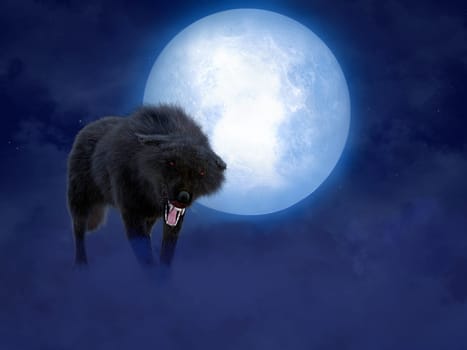 3D rendering of a black growling aggressive wolf or werewolf with glowing red eyes in front of a big moon. Stars in the night sky, fog on the ground.