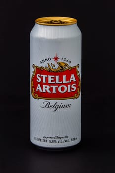 Calgary, Alberta, Canada. June 08, 2020. An isolated Stella Artois Tallboy Beer Can on a black background.