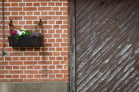 Pot with flowers beside a weathered garage door house wall
