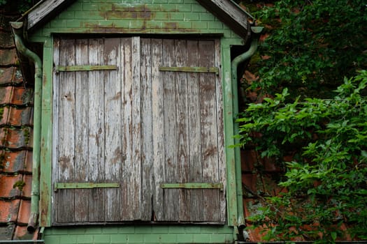 Weathered wooden window shutter at a green wall