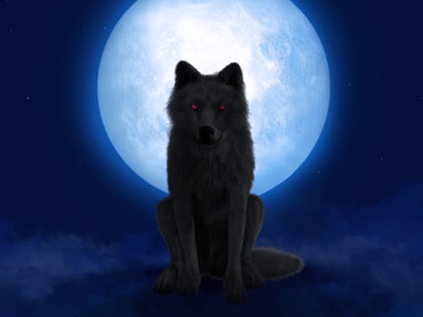 3D rendering of a black wolf or werewolf with glowing red eyes sitting in front of a big moon. Stars in the night sky, fog on the ground.