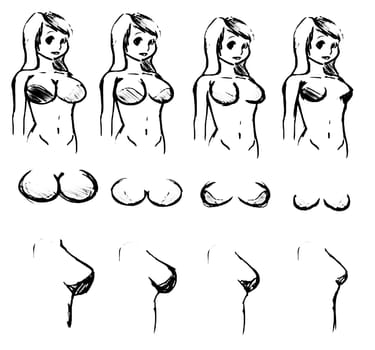 Tutorial of drawing a female body. Drawing the human body, step by step lessons. Female breast drawing tutorial. Drawing a woman's body with an emphasis on breasts.