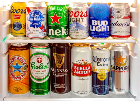 Calgary, Alberta, Canada. Jun 9 2020. A beer fridge with world famous beer brands on a mini fridge.