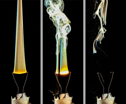 A sequential tryptich showing an electrical element in a light bulb igniting and burning out