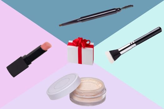 Decorative composition of colorful beauty and makeup products and tools such as powder, eyebrow pencil and brushes on a multicolor background with space. Advertising, design, cover and cosmetics background.