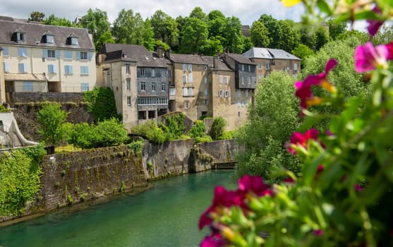 a French landscape in the country on the Oloron river. Oloron Sainte Marie, france