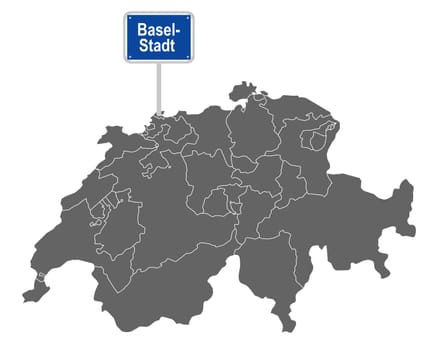 Landkarte der Schweiz mit Ortsschild von Basel-Stadt