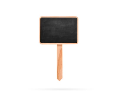 Blank Blackboard Label With Stick isolated on a white background.. Chalkboard on pole with shadow below