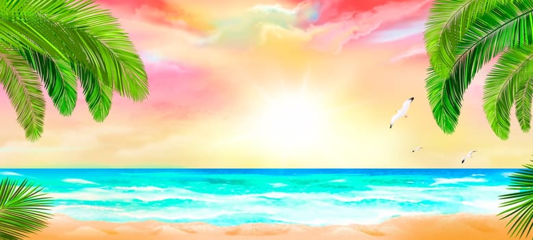 Tropical beach with palm trees and ocean view. Tropical seascape.