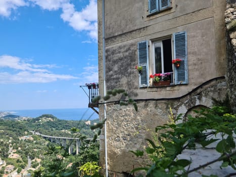 Typical Provencal House In Gorbio Village With The Mediterranean Sea In The Background, French Riviera, France, Europe .