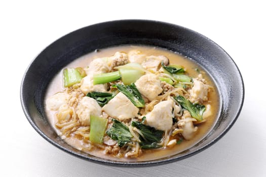 Chinese cuisine mabo tofu in a dish on white background, Japanese style,