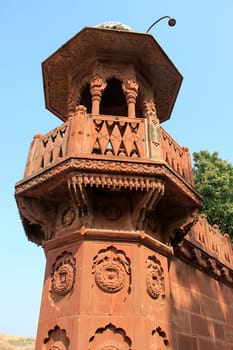 Red Stone covered gallery and wall near Jaswanth Thada in Jodhpur, Rajasthan, India, Asia