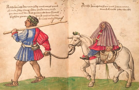 Moriscos family go out for a walk. Draw from Trachtenbuch by Christoph Weiditz, 1530. Nuremberg Germanisches Nationalmuseum