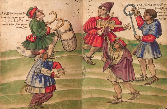 Moriscos playing music and dancing zambra. Draw from Trachtenbuch by Christoph Weiditz, 1530. Nuremberg Germanisches Nationalmuseum