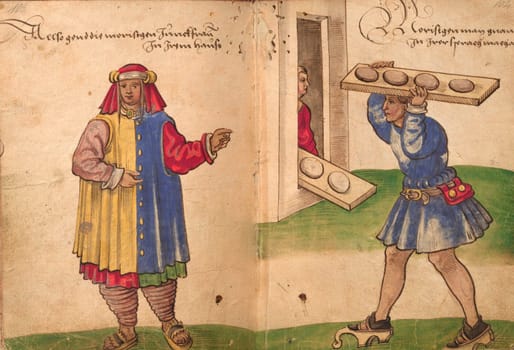 Morisco maid with outdoors attire and worker carriying bread. Draw from Trachtenbuch by Christoph Weiditz, 1530. Nuremberg Germanisches Nationalmuseum