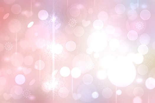 A festive abstract light pink purple gradient background texture with glittering stars, hearts and bokeh circles. Card concept for Happy New Year, party invitation, valentine or other holidays.