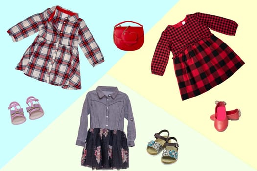 Collage set of little girl summer clothes on a colorful bright background. The collection of three dresses, three pair shoes and a red handbag. Fashionable girls outfit.