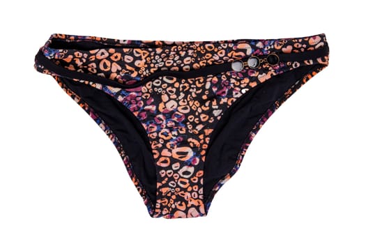Swimsuits isolated. Close-up of a elegant female sexy multcolored bikini bottoms or panties isolated on a white background. Fashionable bikini swimwear.