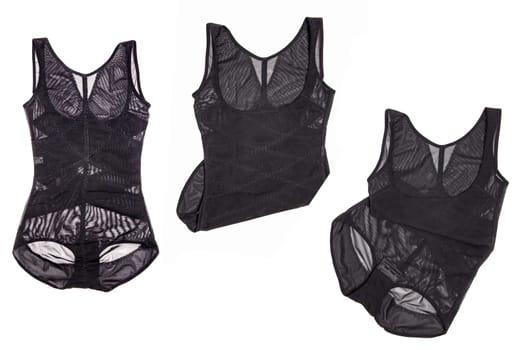 Corset isolated. Close-up of a female sexy black lace corset in three views isolated on a white background. Fashionable eleastic underwear with shaping effect.