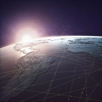 Globalized world, digital technology. Connections and cloud computing in the virtual world. World map with satellite data connections. Connectivity across the world. 3D illustration.