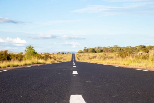 The straight asphalt road with meadows on both sides