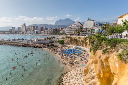 Aerial view of Benidorm city on Costa Blanca in Spain with skyscrapers. Mediterranean coast.