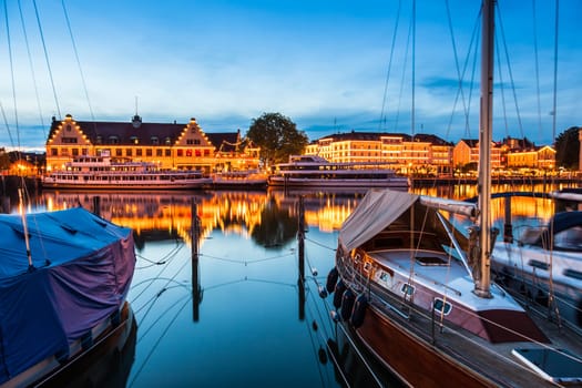 Night view of old harbour and city Lindau, Lake Constance in Germany. Bodensee.