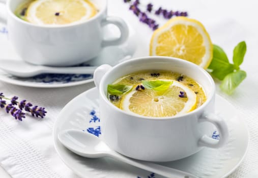 Avgolemono - delicious Greek chicken egg and lemon soup. Mediterranean sauce or soup.