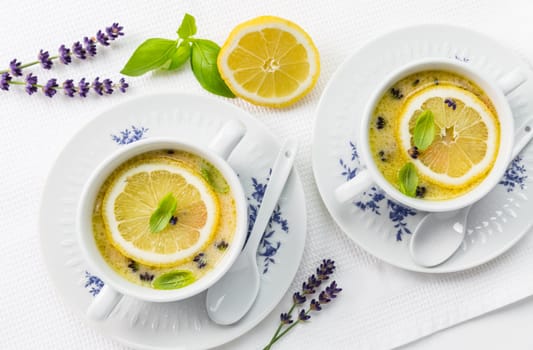 Avgolemono - delicious Greek chicken egg and lemon soup. Mediterranean sauce or soup.