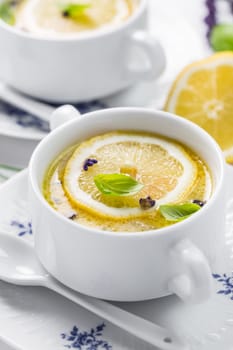 Avgolemono - delicious Greek chicken egg and lemon soup. Mediterranean sauce or soup.