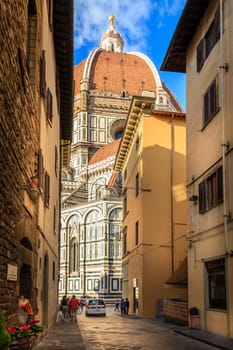 Florence, Italy, September 20, 2015: Street view of the Duomo (Dome) of Florence Cathedral in Italy