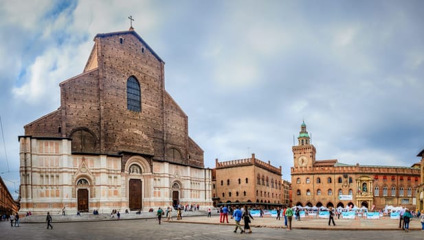 Bologna, Italy, September 20, 2015: Panoramic view of Piazza Maggiore - central square in Bologna, Italy and Basilica di San Petronio