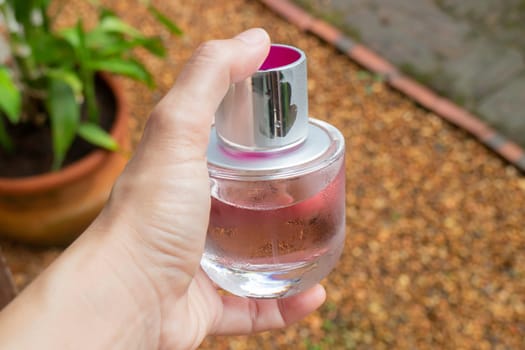 Woman hand show and hold perfume bottle, stock photo