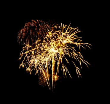 Beautiful Golden fireworks exploding in the night sky, isolated on black background. New year and anniversary concept.