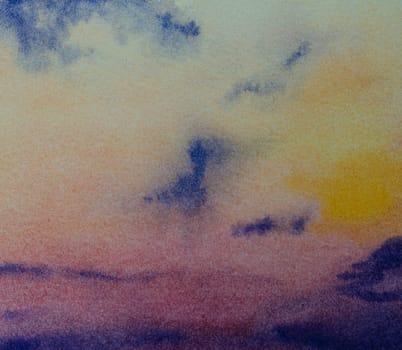 Abstract twilight sky watercolor painting background. Skyline and colorful clouds. Hand drawn on paper with texture illustration