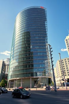 Road traffic at the Bahn-Tower at Potsdamer Platz in the centre of Berlin