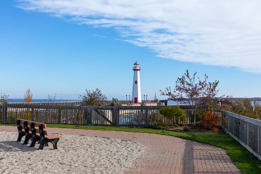 Wawatam Lighthouse in St. Ignace, Michigan, United States of America, Mackinac Island on the background
