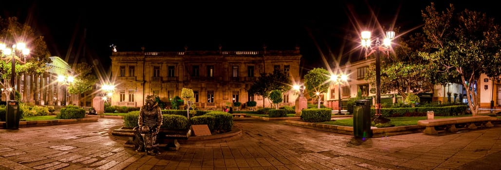 Night View of the Plaza del Carmen, with the Museum of the Mask, and the Theatre of Peace on the background, in the Mexican city of San Luis Potosi