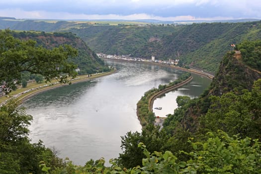 The Loreley and the Loreley town of Sankt Goarshausen on the Middle Rhine
