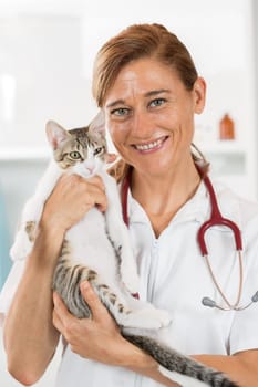 Veterinary hugging a cat and reassuring for review