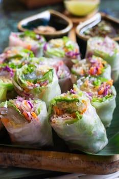 Healthy fresh vegetable spring rolls serving, stock photo