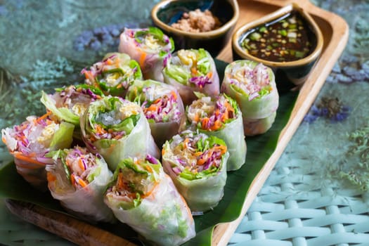 Healthy fresh vegetable spring rolls serving, stock photo