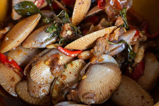 Stir fried clams with thai sweet basil,stock photo