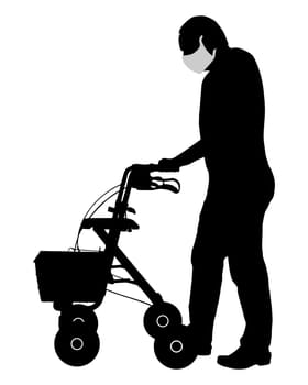 Mann mit Gesichtsmaske und Rollator